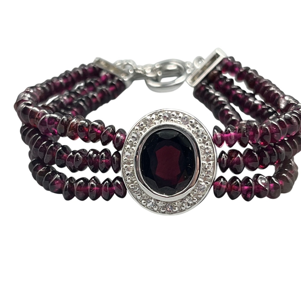 Vtg 925 Rhodolite Garnet Triple Strand Beaded Toggle‎ clasp Bracelet 7"